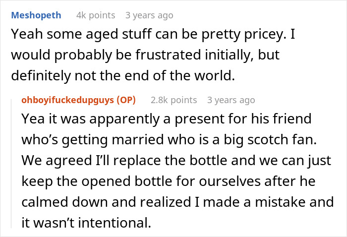 Text exchange about a woman unintentionally drinking $500 aged scotch that was meant as a wedding gift. Text exchange about a woman unintentionally drinking $500 aged scotch that was meant as a wedding gift.