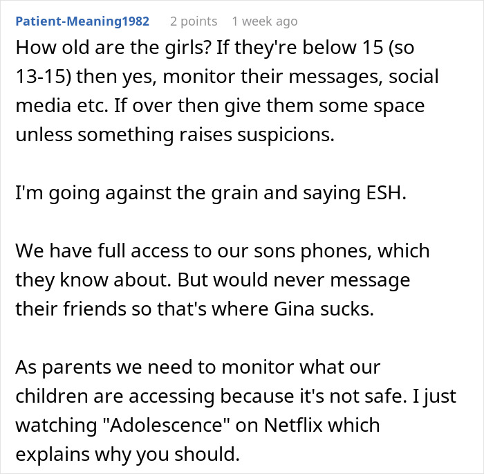 Text exchange about parental monitoring of teens' phones, discussing trust and privacy concerns with friends' messages. Text exchange about parental monitoring of teens' phones, discussing trust and privacy concerns with friends' messages.