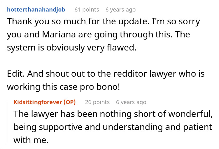 Reddit comments discussing a babysitting situation, expressing empathy and gratitude to a pro bono lawyer. Reddit comments discussing a babysitting situation, expressing empathy and gratitude to a pro bono lawyer.