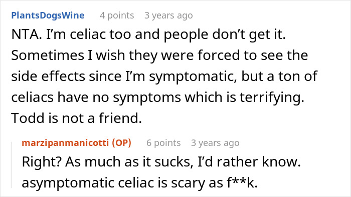 Discussion about celiac disease symptoms and gluten-free meal issues in an online thread. Discussion about celiac disease symptoms and gluten-free meal issues in an online thread.