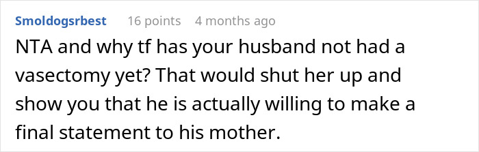 Reddit comment discussing vasectomy and making a statement to a mother-in-law. Reddit comment discussing vasectomy and making a statement to a mother-in-law.