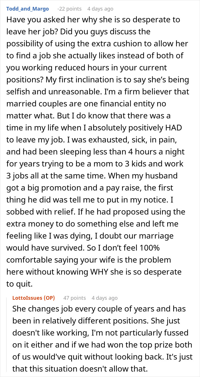 Reddit discussion about sharing lotto winnings and marriage decisions. Reddit discussion about sharing lotto winnings and marriage decisions.