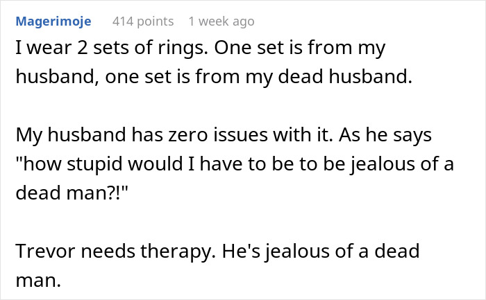Text discussing a man upset about his future wife's tattoo shared with her late husband. Text discussing a man upset about his future wife's tattoo shared with her late husband.