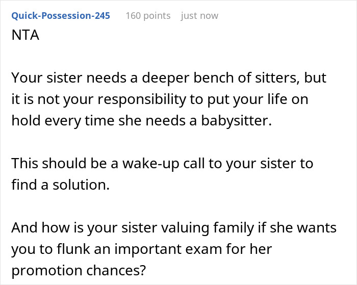 Text-based screenshot showing advice about babysit sister kids work dinner, emphasizing the need for more sitters and setting personal boundaries. Text-based screenshot showing advice about babysit sister kids work dinner, emphasizing the need for more sitters and setting personal boundaries.