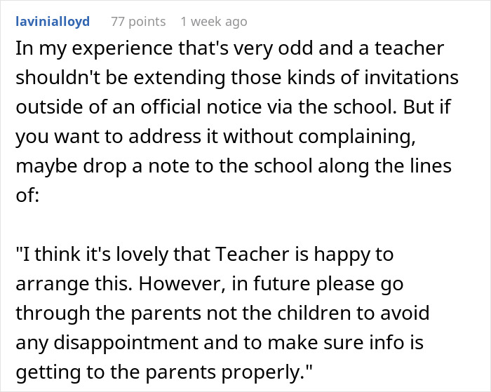 Comment expressing concern about a dance teacher's sleepover invite and suggesting communication through parents, not children. Comment expressing concern about a dance teacher's sleepover invite and suggesting communication through parents, not children.