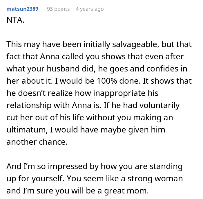 Text discussing a husband's choice of female friend over childbirth, with comments on inappropriateness and support for the wife. Text discussing a husband's choice of female friend over childbirth, with comments on inappropriateness and support for the wife.