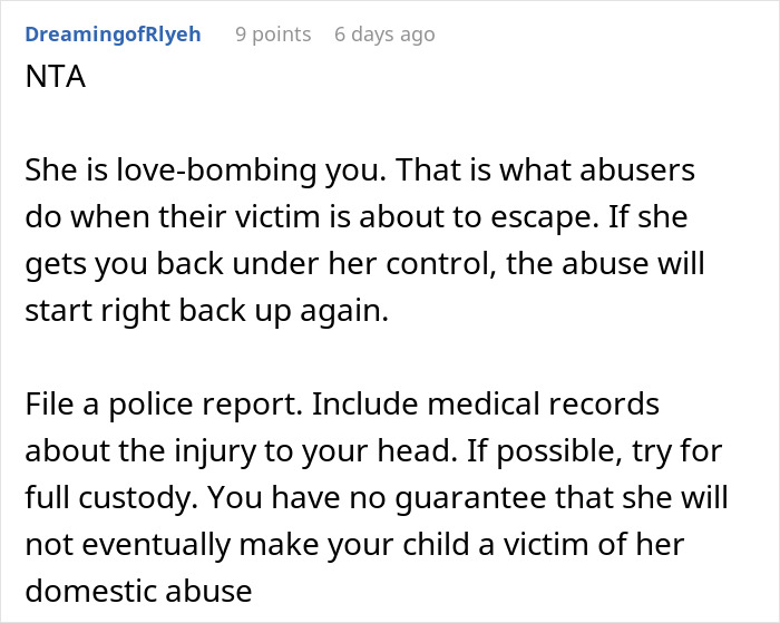 Image showing an online comment discussing domestic abuse, love-bombing, and urging to file a police report. Image showing an online comment discussing domestic abuse, love-bombing, and urging to file a police report.