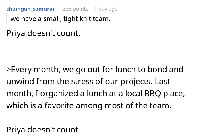 Manager excludes coworker from BBQ due to diet, citing team bonding reasons in online post. Manager excludes coworker from BBQ due to diet, citing team bonding reasons in online post.