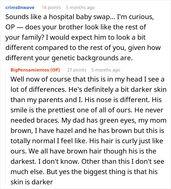 Shocked woman discusses family DNA results and noticeable differences in sibling's appearance. Shocked woman discusses family DNA results and noticeable differences in sibling's appearance.