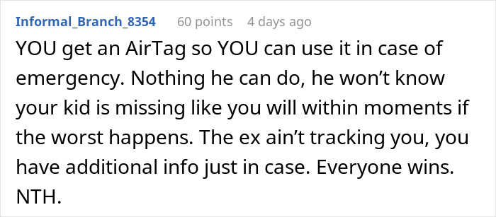 Screenshot of a forum comment explaining using an AirTag in a child's shoe for safety tracking during a trip. Screenshot of a forum comment explaining using an AirTag in a child's shoe for safety tracking during a trip.