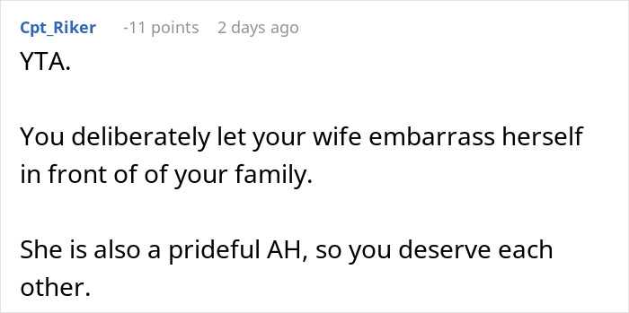 Comment criticizing a wife who flaunts money, calling the couple prideful. Comment criticizing a wife who flaunts money, calling the couple prideful.
