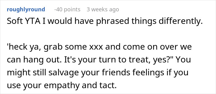 Reddit comment discussing empathy in a grocery cost dispute between friends. Reddit comment discussing empathy in a grocery cost dispute between friends.
