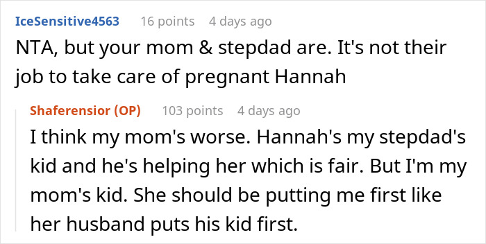 Reddit comments discussing pregnant stepdaughter moving back, teen feeling neglected, choosing to stay with dad. Reddit comments discussing pregnant stepdaughter moving back, teen feeling neglected, choosing to stay with dad.