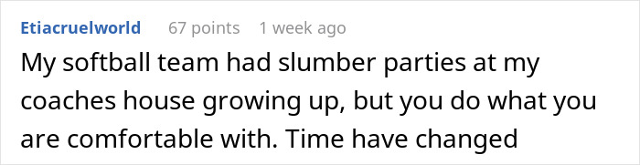 Text forum comment about dance teacher, recalling childhood slumber parties with a coach, reflecting on changing times. Text forum comment about dance teacher, recalling childhood slumber parties with a coach, reflecting on changing times.