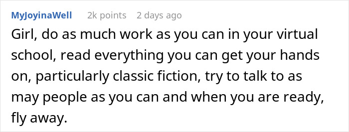 Screenshot of a Reddit comment advising a girl to focus on virtual school and independence amid family drama with aunt and babysitting issues. Screenshot of a Reddit comment advising a girl to focus on virtual school and independence amid family drama with aunt and babysitting issues.