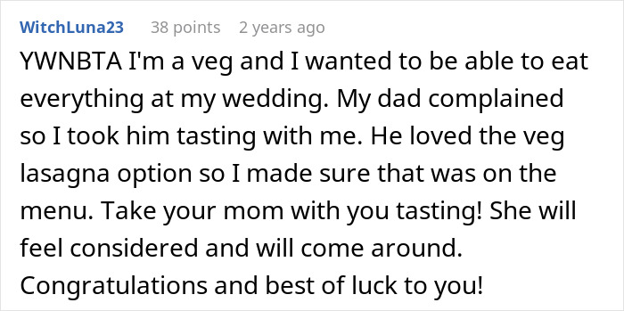 Comment discussing wedding menu choices, mentioning being vegetarian and including a lasagna option. Comment discussing wedding menu choices, mentioning being vegetarian and including a lasagna option.