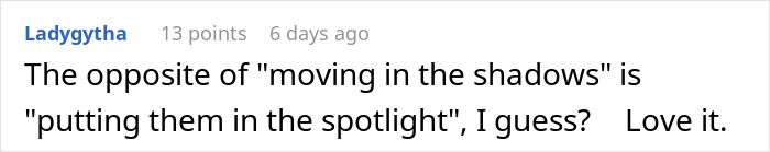 Comment by Ladygytha discussing being in the spotlight, related to teaching BF to pick up after himself. Comment by Ladygytha discussing being in the spotlight, related to teaching BF to pick up after himself.