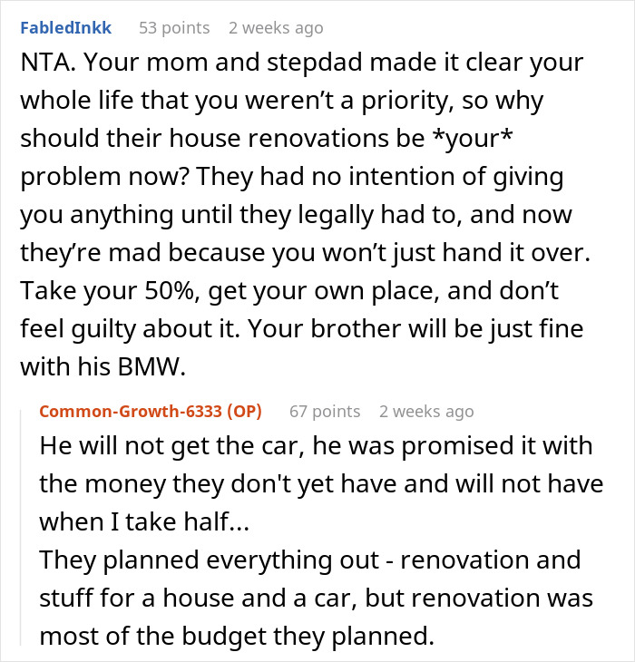Reddit comments discussing keeping money from parents' apartment share, mentioning house renovations and financial planning. Reddit comments discussing keeping money from parents' apartment share, mentioning house renovations and financial planning.
