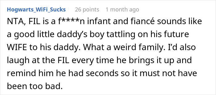Comment criticizing FIL's reaction to eating vegetarian meatballs, mentions family dynamics and responses. Comment criticizing FIL's reaction to eating vegetarian meatballs, mentions family dynamics and responses.