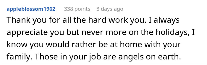 Reddit comment appreciating nurses for their dedication, especially during holidays. Reddit comment appreciating nurses for their dedication, especially during holidays.