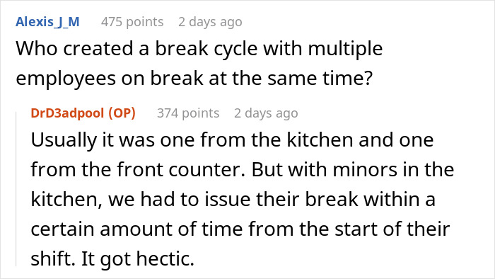 Reddit comments about break policy causing kitchen chaos with overlapping employee breaks. Reddit comments about break policy causing kitchen chaos with overlapping employee breaks.
