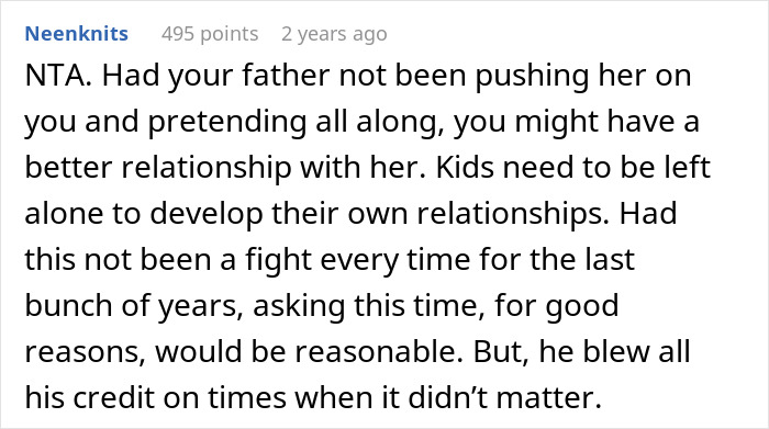 Comment discussing a 16-year-old refusing vacation with stepsister, emphasizing forced bond issues. Comment discussing a 16-year-old refusing vacation with stepsister, emphasizing forced bond issues.