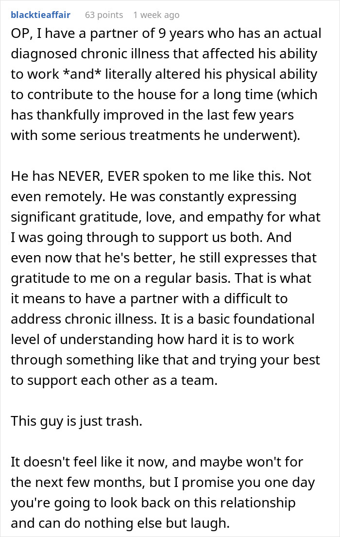 Text screenshot discussing chronic illness impact on relationship, contrasting with a partner unwilling to help. Text screenshot discussing chronic illness impact on relationship, contrasting with a partner unwilling to help.