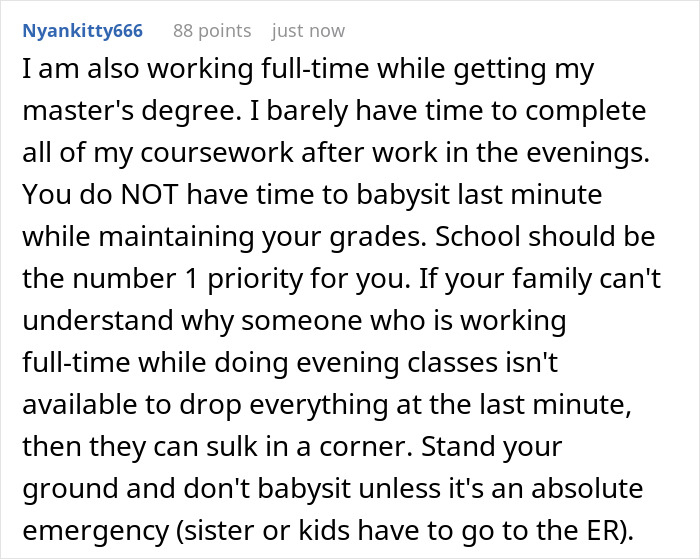 User discussing balancing work and school with babysitting sister’s kids during dinner time.