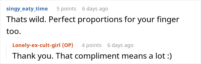 Comment thread discussing a pricey ring worth $400 given by a millionaire neighbor to a lady wanting something different. Comment thread discussing a pricey ring worth $400 given by a millionaire neighbor to a lady wanting something different.