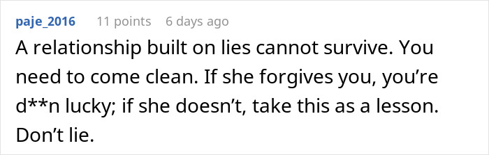 Comment discussing consequences of lying in relationships related to faking an allergy. Comment discussing consequences of lying in relationships related to faking an allergy.