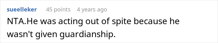 Comment reads: "NTA. He was acting out of spite because he wasn't given guardianship. Comment reads: "NTA. He was acting out of spite because he wasn't given guardianship.