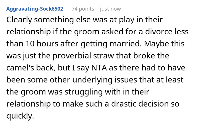Text screenshot discussing groom's quick divorce decision after wedding, hinting at underlying relationship issues. Text screenshot discussing groom's quick divorce decision after wedding, hinting at underlying relationship issues.