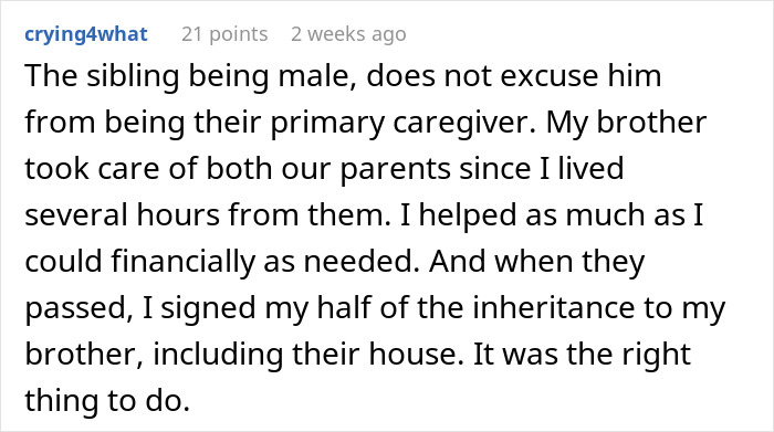 Text image discussing a sibling's perspective on caregiving responsibilities and inheritance decisions. Text image discussing a sibling's perspective on caregiving responsibilities and inheritance decisions.