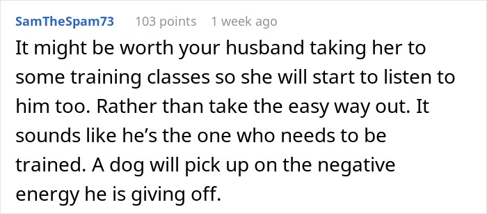 Comment discussing dog training advice for a couple struggling with their rescue dog. Comment discussing dog training advice for a couple struggling with their rescue dog.