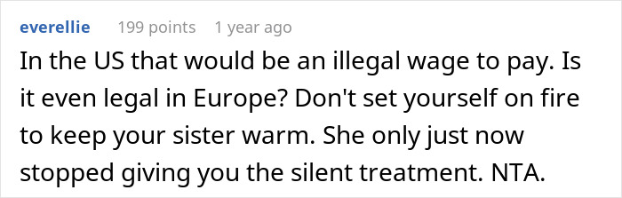 Screenshot of an online comment discussing unfair babysitting pay and legal concerns about low wages. Screenshot of an online comment discussing unfair babysitting pay and legal concerns about low wages.