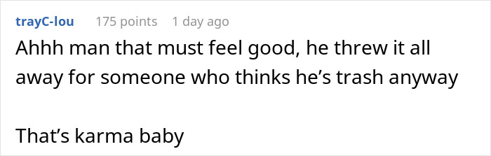 Comment about a woman getting dumped after 9 years and ex facing rejection, highlighting karma. Comment about a woman getting dumped after 9 years and ex facing rejection, highlighting karma.