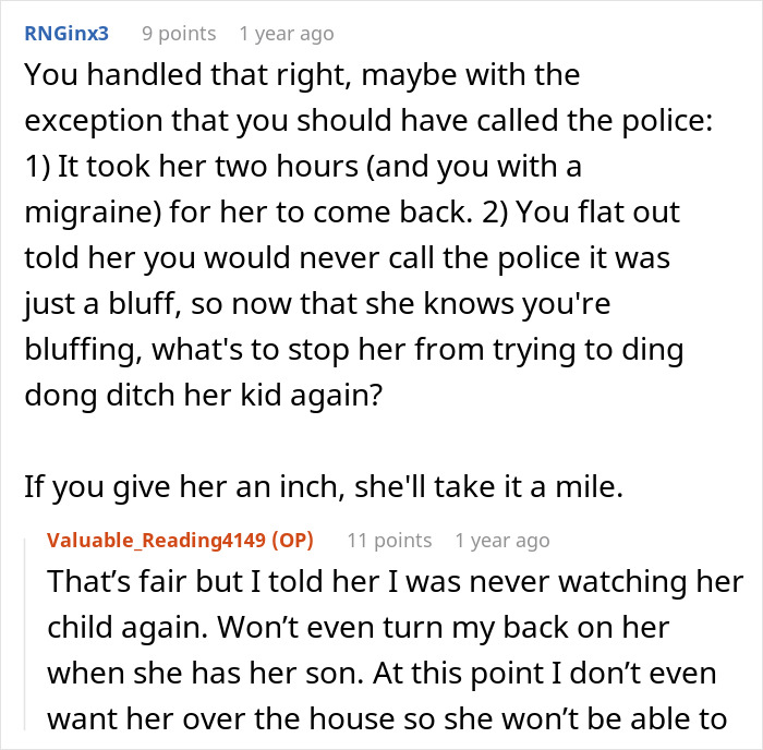 Reddit comment exchange about babysitting miscommunication involving in-laws and police threats. Reddit comment exchange about babysitting miscommunication involving in-laws and police threats.