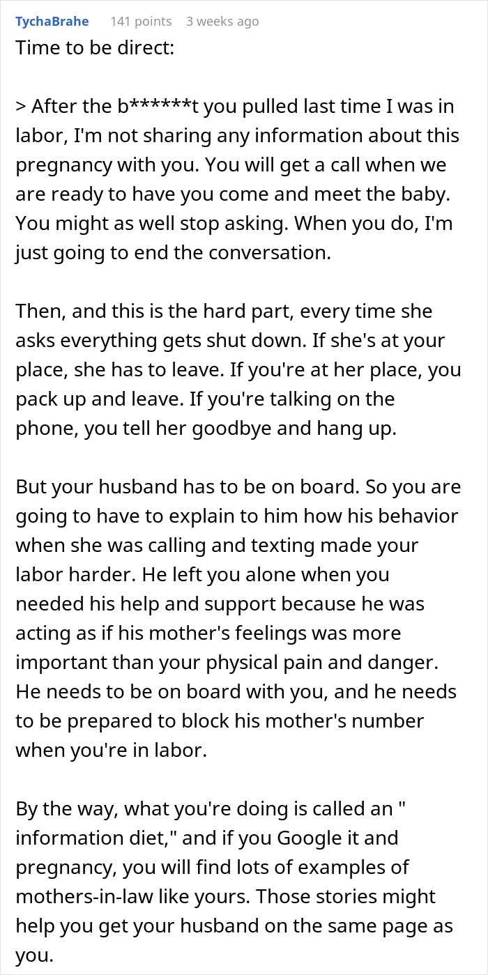 Text discussing keeping pregnancy news private from an overbearing mother-in-law. Text discussing keeping pregnancy news private from an overbearing mother-in-law.