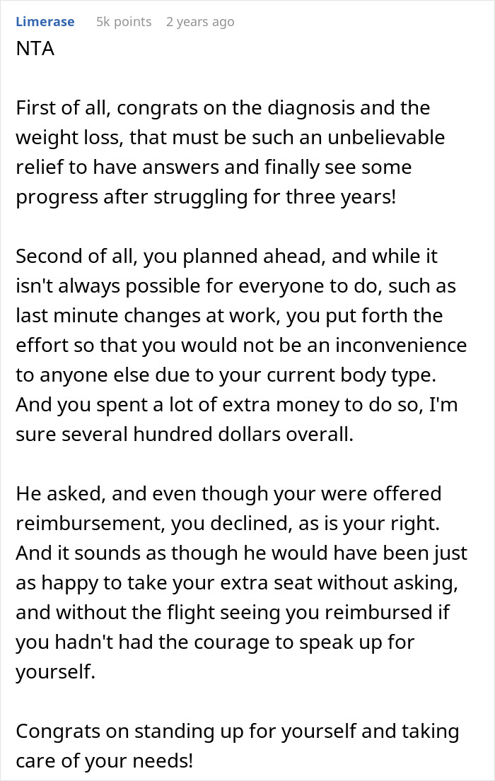 Reddit comment supporting a woman who booked two plane seats to fit comfortably, affirming her decision not to share. Reddit comment supporting a woman who booked two plane seats to fit comfortably, affirming her decision not to share.