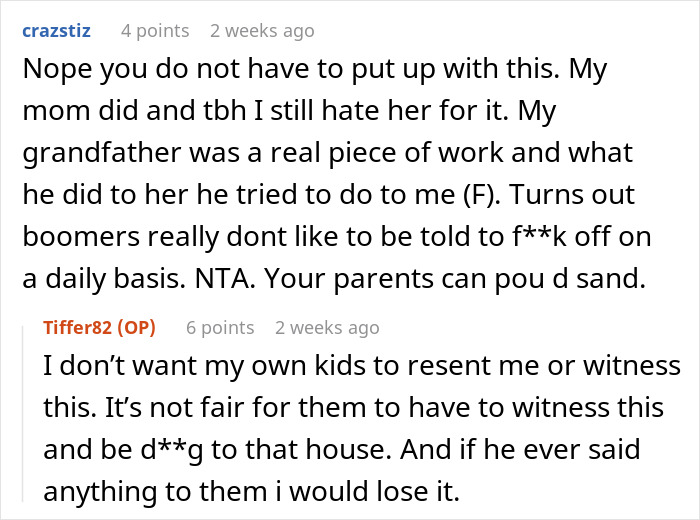 Reddit comments discussing refusing care for a cruel father after years of feeling dehumanized. Reddit comments discussing refusing care for a cruel father after years of feeling dehumanized.