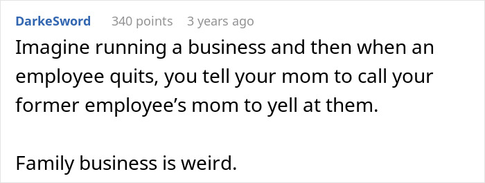 Screenshot of a message discussing the oddity of family business practices and employee disputes. Screenshot of a message discussing the oddity of family business practices and employee disputes.
