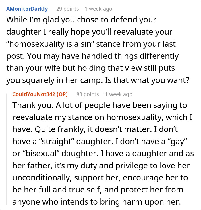 Reddit conversation about a dad defending his bi daughter amid wife threatening divorce over family embarrassment.