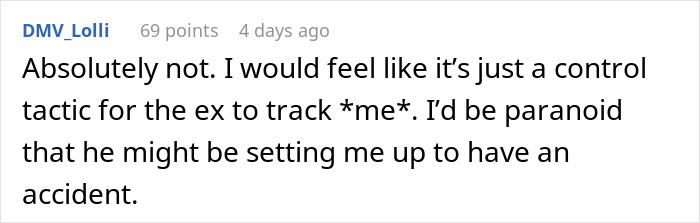Screenshot of a forum comment discussing concerns about a mom’s ex wanting to use an AirTag to track their child.