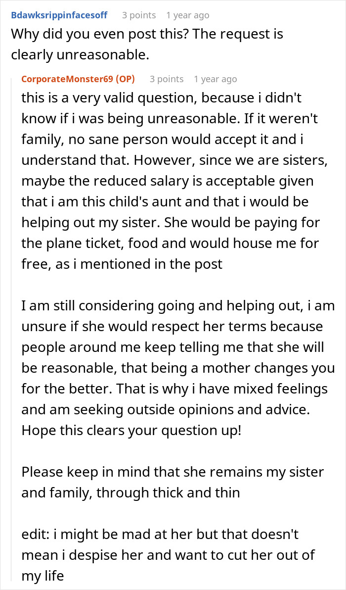 Screenshot of a Reddit conversation about a woman refusing to pay her sister fairly to babysit her newborn. Screenshot of a Reddit conversation about a woman refusing to pay her sister fairly to babysit her newborn.