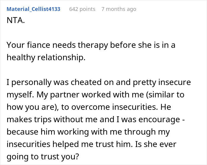 Reddit comment discussing relationship insecurity and the need for therapy. Reddit comment discussing relationship insecurity and the need for therapy.