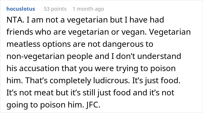Text comment about vegetarian meatballs causing a strong reaction and family conflict. Text comment about vegetarian meatballs causing a strong reaction and family conflict.