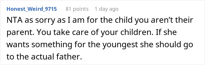 Comment on dad not supporting child from ex's affair, suggesting actual father should be responsible. Comment on dad not supporting child from ex's affair, suggesting actual father should be responsible.