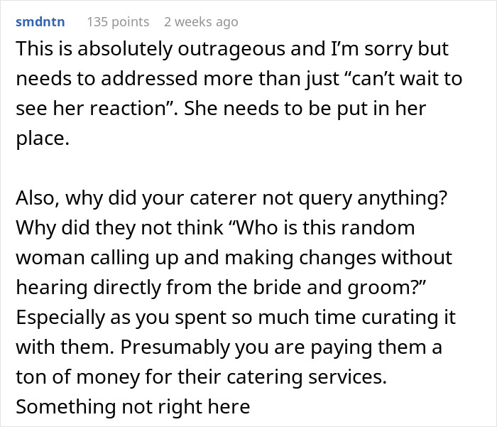Reddit comment discussing the need to password protect after MIL changes a wedding menu. Reddit comment discussing the need to password protect after MIL changes a wedding menu.