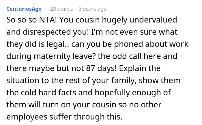 Reddit comment criticizing a boss for calling an employee on maternity leave and discussing legality. Reddit comment criticizing a boss for calling an employee on maternity leave and discussing legality.