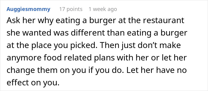 Comment discussing issues with friend changing birthday plans for diet, then ignoring restrictions. Comment discussing issues with friend changing birthday plans for diet, then ignoring restrictions.
